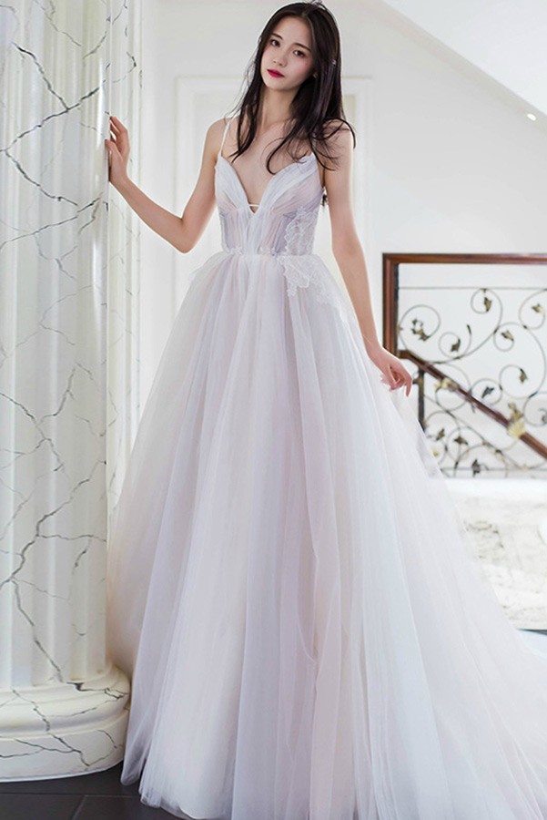 Fairy Princess V-neck Long Tulle Colored Wedding Dress with Spaghetti  Straps #E8931 - GemGrace.com
