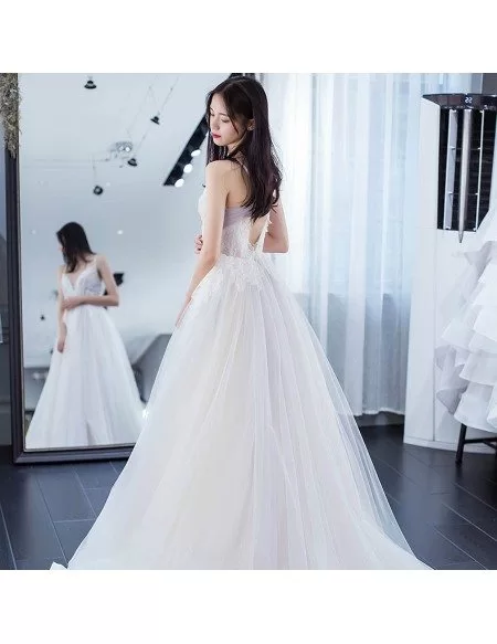 Fairy Princess V-neck Long Tulle Colored Wedding Dress with Spaghetti Straps