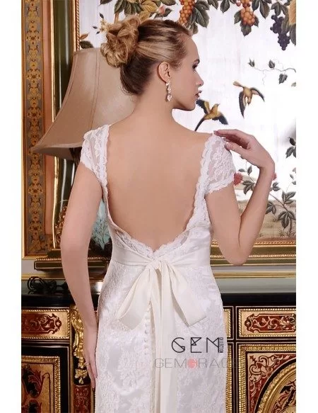 Sheath Sweetheart Sweep Train Satin Lace Wedding Dress With Beading Bow