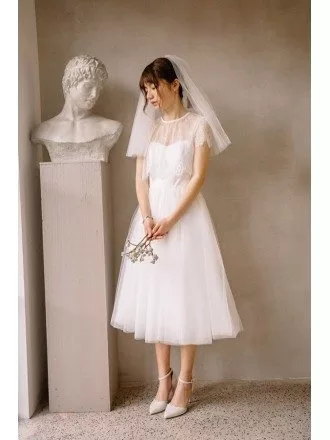 Vintage Short Tulle Tea Length Simple Wedding Dress with Spaghetti Straps