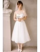 Vintage Short Tulle Tea Length Simple Wedding Dress with Spaghetti Straps