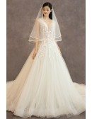 Sexy Deep V-neck Flowers Long Tulle Wedding Dress Sleeveless
