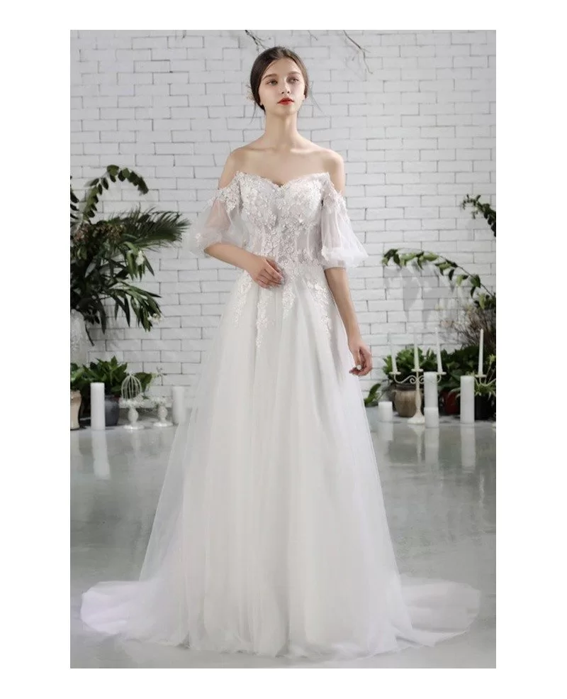 Pretty Off Shoulder Flowers Beach Wedding Dress Flowy With Sleeves E8987 Gemgrace Com