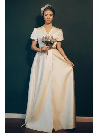 Elegant Vintage 70s 80s Split Leg Satin Wedding Dress Reception with Short Sleeves