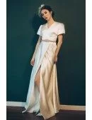 Elegant Vintage 70s 80s Split Leg Satin Wedding Dress Reception with Short Sleeves