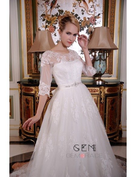 Ball-Gown Scoop Neck Sweep Train Tulle Wedding Dress With Beading Appliques Lace