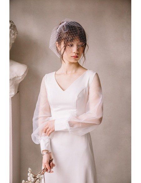 Elegant Floor Length Simple Wedding Dress V-neck with Long Sheer Sleeves