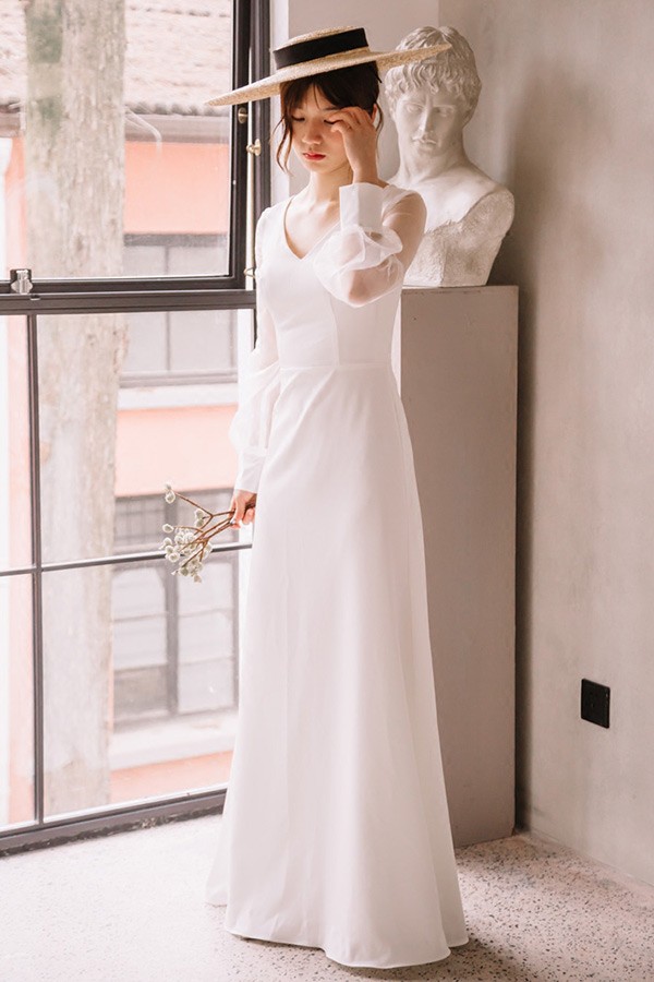 Elegant Floor Length Simple Wedding Dress V-neck with Long Sheer ...