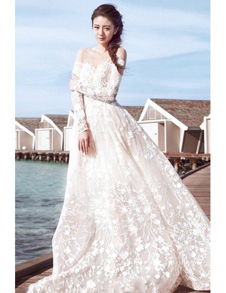 Celebrity Style Sexy Low Back Lace Beach Wedding Dress with Long Sleeves