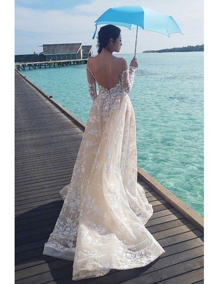 Celebrity Style Sexy Low Back Lace Beach Wedding Dress With Long Sleeves E8934 Gemgrace Com