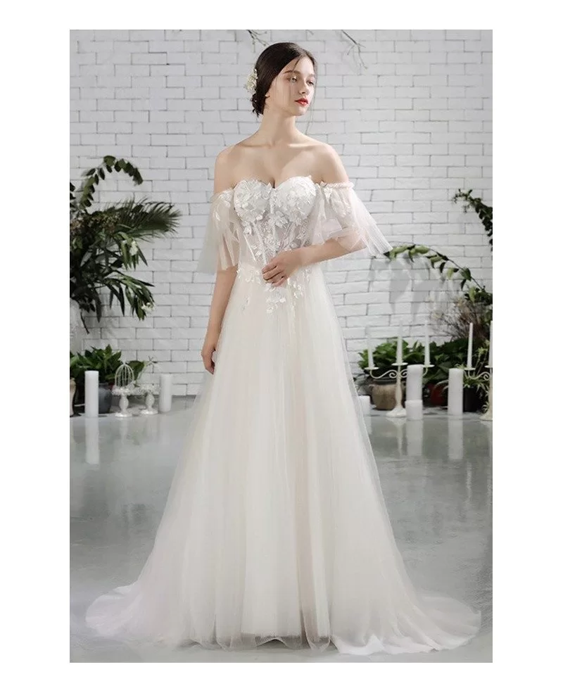 Charming Off Shoulder Sleeves Flowy Beach Wedding Dress Bohemian Style E8986 GemGrace