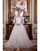 Ball-Gown Scoop Neck Sweep Train Tulle Wedding Dress With Beading Appliques Lace
