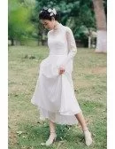 Vintage Ankle Length High Neckline Wedding Dress Polka Dot with Long Sleeves