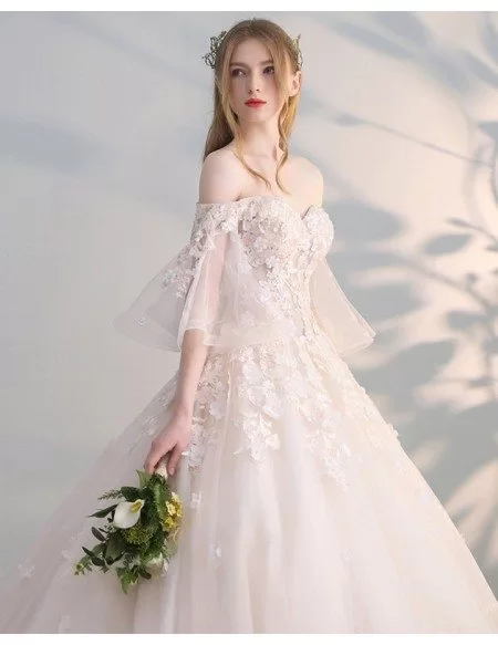 Off Shoulder Ballgown Flowers Princess Wedding Dress Butterfly Sleeves