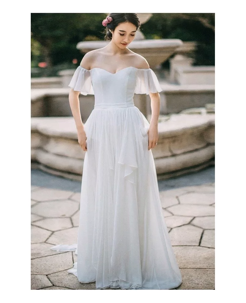 Simple Flowy Chiffon Off Shoulder Sleeve Summer Wedding Dress Long Elegant E8942 GemGrace