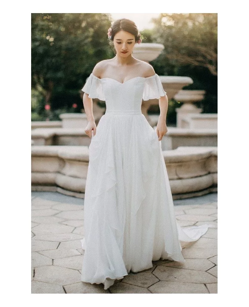 Simple Flowy Chiffon Off Shoulder Sleeve Summer Wedding Dress Long Elegant E8942 GemGrace