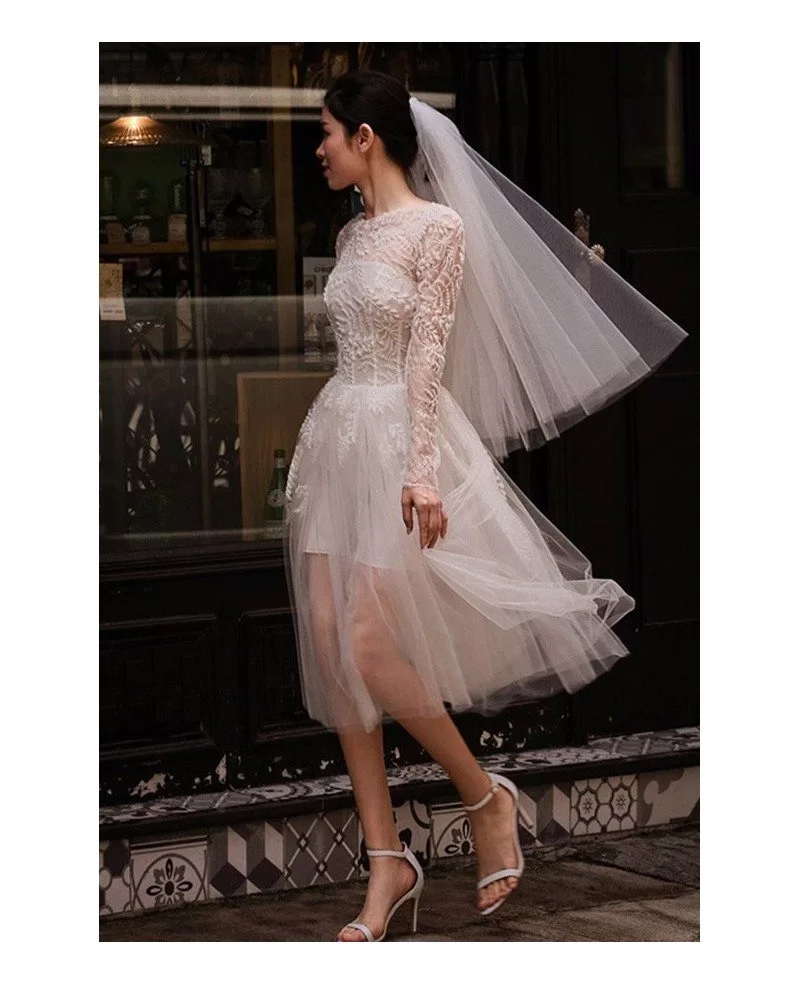 Short Tulle See-through Unique Short Wedding Dress with Long Sleeves #