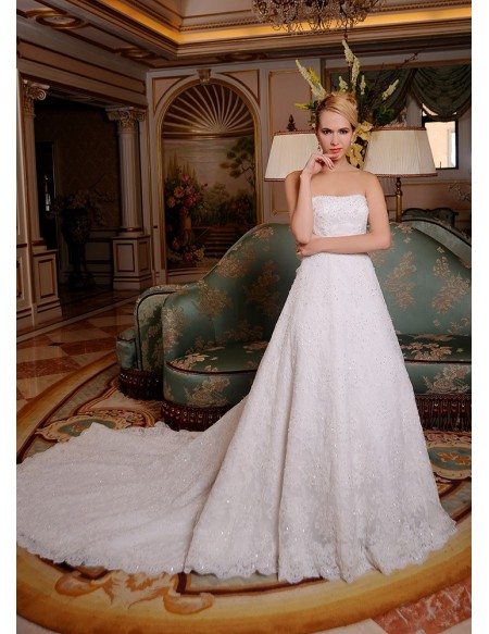 Ball-Gown Strapless Cathedral Train Lace Wedding Dress With Beading