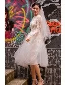 Short Tulle See-through Unique Short Wedding Dress with Long Sleeves