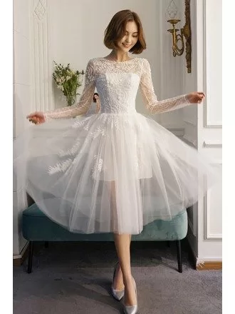 Chic Short See-through Tulle V-back Short Wedding Dress with Beading Long Sleeves