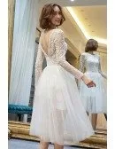 Chic Short See-through Tulle V-back Short Wedding Dress with Beading Long Sleeves