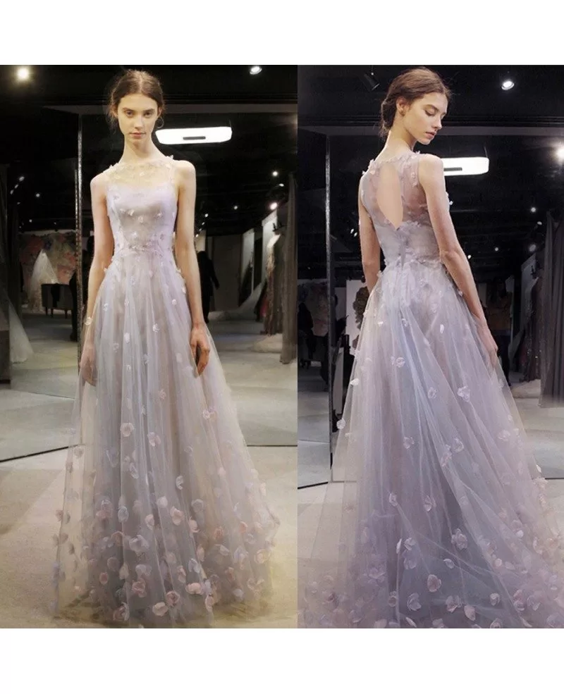 Fairy Flowers Petals Empire Flowy Long Wedding Dress Prom Dress Sleeveless E8918 GemGrace