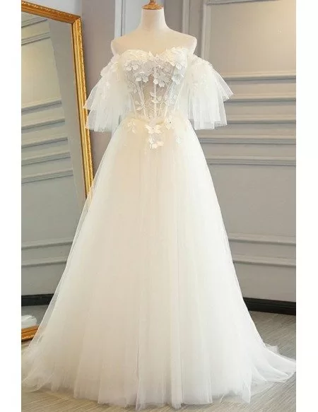 Fairy Flowers Puffy Off Shoulder Sleeves Tulle Wedding Dress with Lace Up