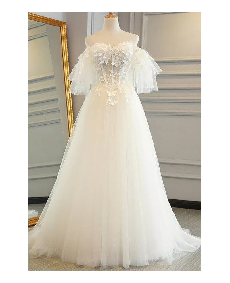 Fairy Flowers Puffy Off Shoulder Sleeves Tulle Wedding Dress With Lace Up E8983 GemGrace