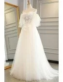 Fairy Flowers Puffy Off Shoulder Sleeves Tulle Wedding Dress with Lace Up