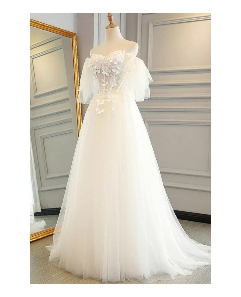 Fairy Flowers Puffy Off Shoulder Sleeves Tulle Wedding