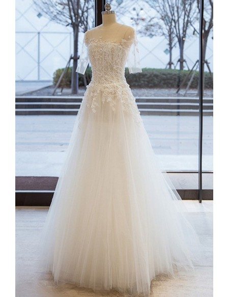 Beautiful Beaded Lace Sheer Half Sleeve Tulle Wedding Dress with Sleeves