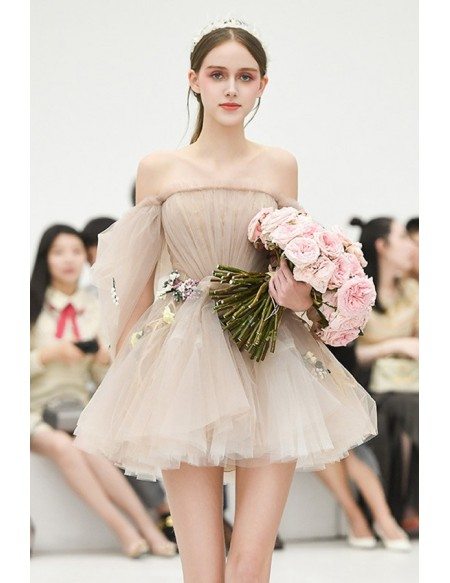 Gorgeous Off Shoulder Tulle Tutu Mini Short Party Dress with Flowers For Formal