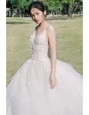 Peachy V-neck Beaded Ballgown Wedding Dress with Spaghetti Straps For Outdoor Weddings