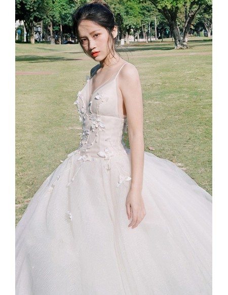 Peachy V-neck Beaded Ballgown Wedding Dress with Spaghetti Straps For Outdoor Weddings