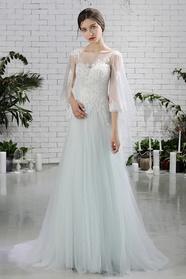 Fairy Butterfly Sleeves Aline Long Tulle Beach Wedding Dress For  Destination Weddings #E8985 - GemGrace.com