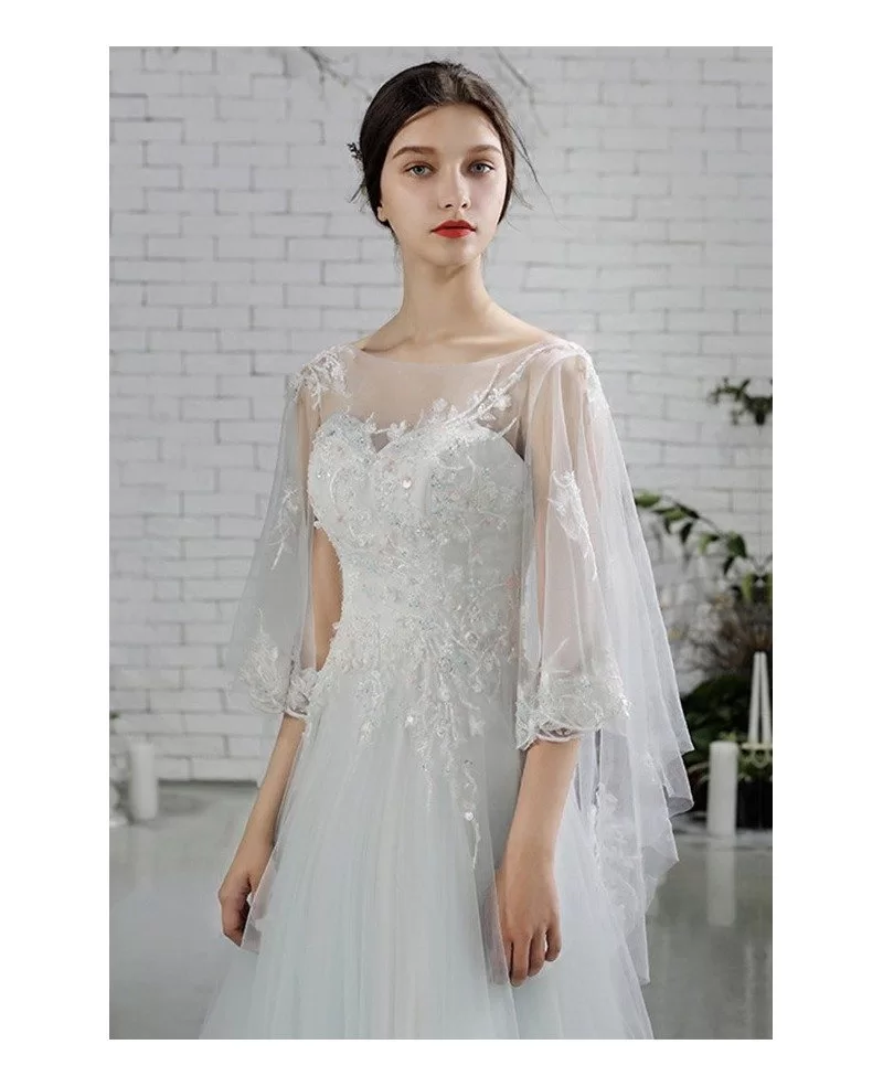 Fairy Butterfly Sleeves Aline Long Tulle Beach Wedding Dress For Destination Weddings E8985