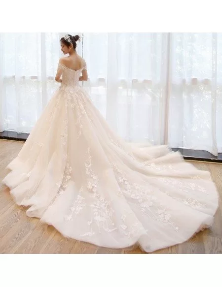 Charming Fairy Lace Ballgown Wedding Dress Off Shoulder with Train