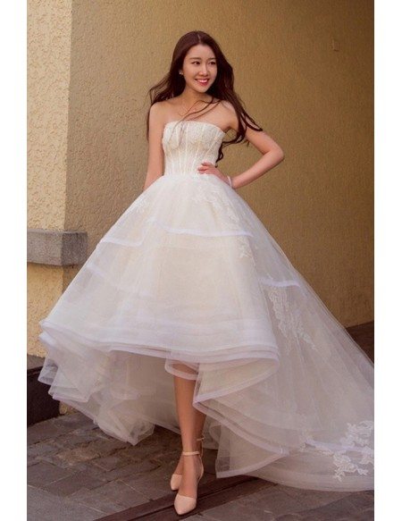Chic High Low Lace Ballgown Wedding Dress Asymmetrical Strapless with Train