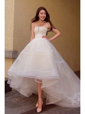 Chic High Low Lace Ballgown Wedding Dress Asymmetrical Strapless with Train