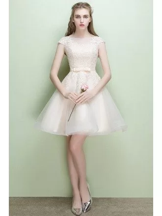 Pretty Light Champagne Lace Short Party Dress with Cap Sleeves