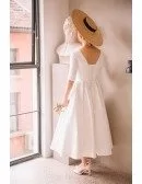Vintage Tea Length Flare Simple Wedding Dress Satin with Half Sleeves