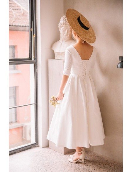 Vintage Tea Length Flare Simple Wedding Dress Satin with Half Sleeves