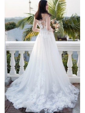 Gorgeous White Flowers Long Train Beach Wedding Dress with Sheer Long Sleeves