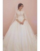 Unique Lace Empire 3/4 Lace Sleeve Ballgown Wedding Dress Princess Style