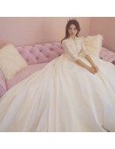 Unique Lace Empire 3/4 Lace Sleeve Ballgown Wedding Dress Princess Style