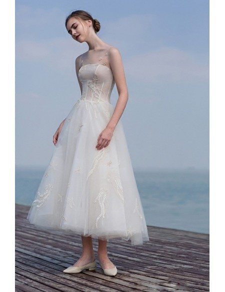 Gorgeous Outdoor Tea Length Tulle Wedding Dress with Sheer Neckline