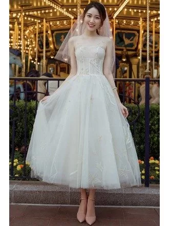 Vintage Chic Tea Length Tulle Wedding Dress Reception Dress with Unique Lace