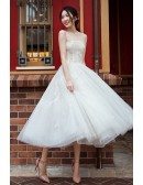 Vintage Chic Tea Length Tulle Wedding Dress Reception Dress with Unique Lace