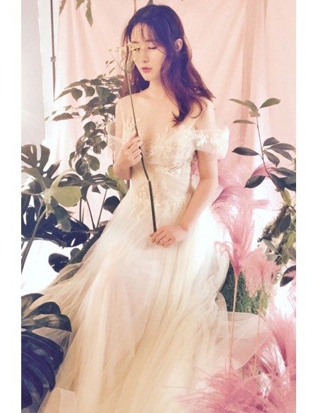 Unique Fairy Tulle Lace Cold Shoulder Beach Wedding Dress with Illusion Neckline
