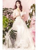 Unique Fairy Tulle Lace Cold Shoulder Beach Wedding Dress with Illusion Neckline